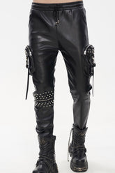 Pantalon Homme en Cuir Punk Noir avec Rivets Métalliques, Fermeture Éclair et Poches Latérales Stéréoscopiques